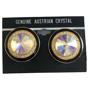 Aurora Borealis Rivioli Austrian Crystal Channel Set Clip on Earrings Gold Tone